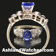 Vintage Blue Sapphire Diamond Engagement Ring in 18K White Gold